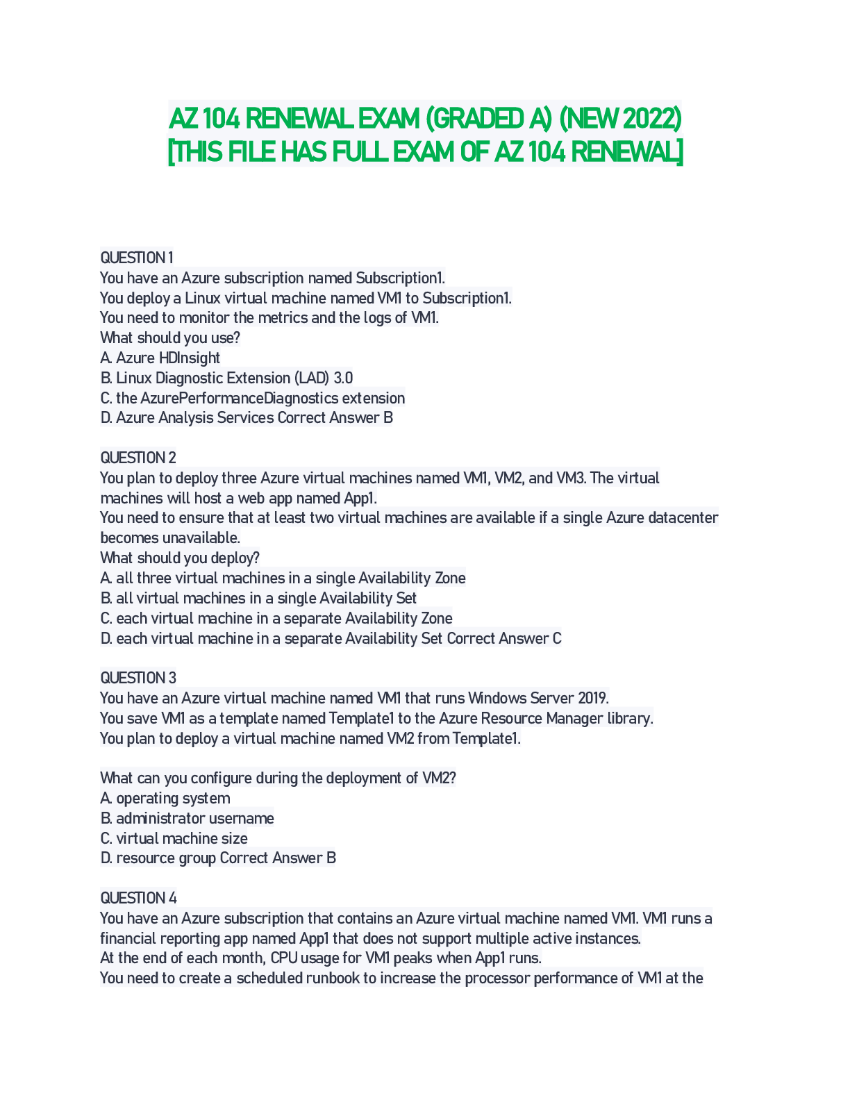 AZ104 Renewal Exam Questions & Answers(Updated2022) ALL ANSWERS PROVIDED